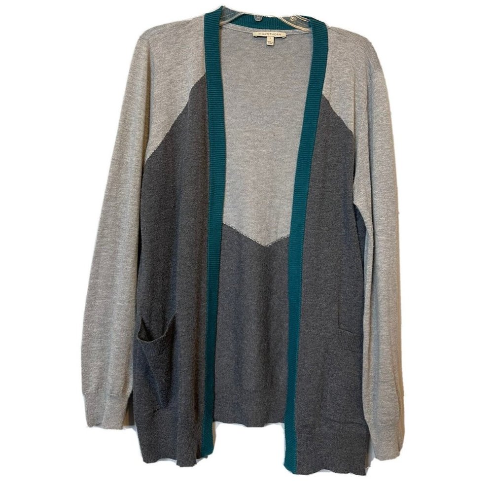41 Hawthorn Gray and Teal Open Front Colorblock Cardigan